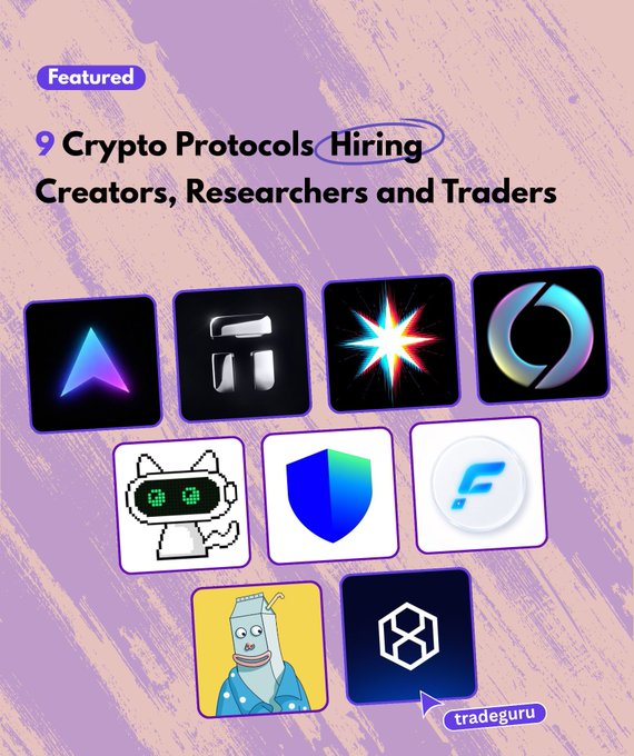 Featured post titled '9 Crypto Protocols Hiring Creators, Researchers and Traders' by tradeguru, displaying logos of various crypto projects.