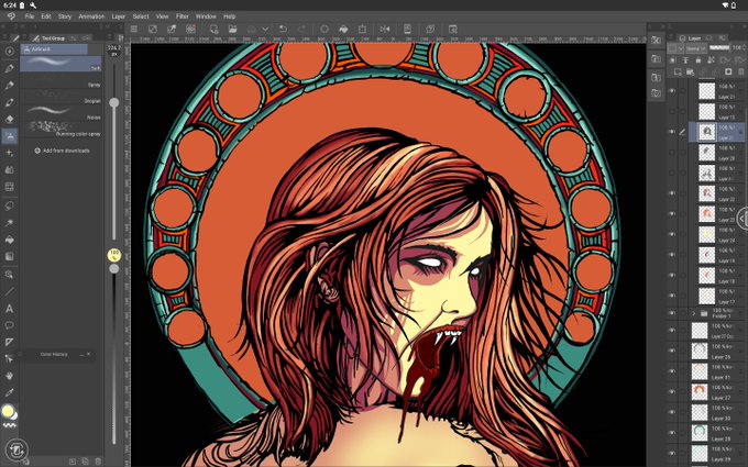 A digital art software interface showing a vector illustration of a pale, bloody-mouthed female figure with long reddish hair against a decorative orange and teal circular background.