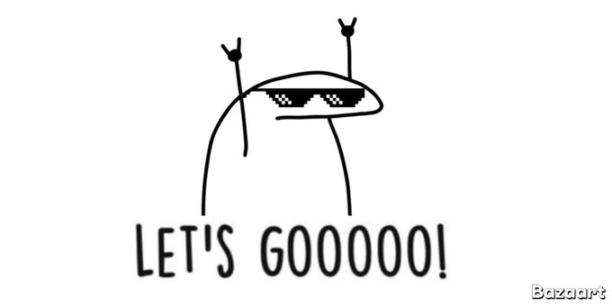 A minimalist black-and-white line drawing of a 'Wojak' meme character wearing pixelated sunglasses with hands raised in peace signs, captioned 'LET'S GOOOOO!'