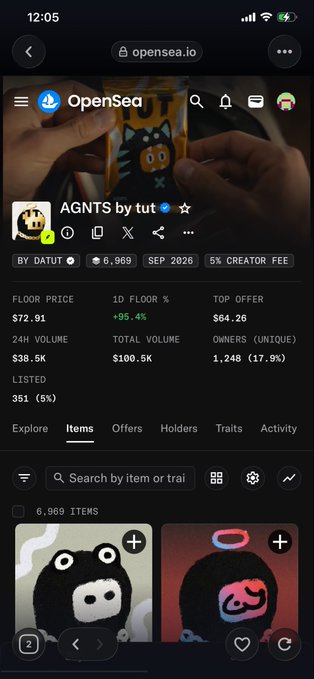 A mobile OpenSea page for 'AGNTS by tut' by datut shows 6,969 items, a floor price of $72.91, and displays a grid of NFT items including a black fuzzy character.