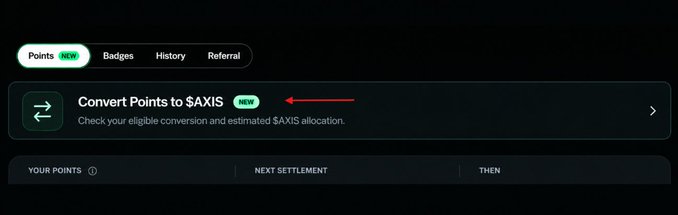 A dark-themed rewards dashboard displaying a 'NEW' option to 'Convert Points to $AXIS' with a red arrow pointing to it, and tabs for Points, Badges, History, and Referral.