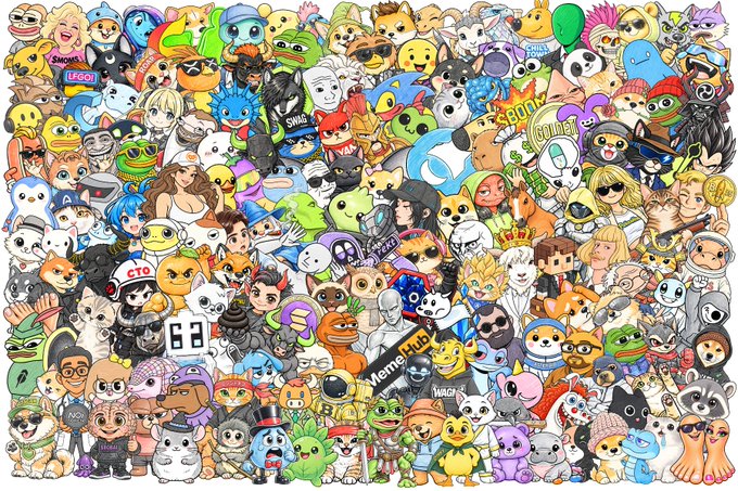 A dense, colorful collage of numerous internet meme characters, including Pepe the Frog, Wojak, Doge, and various other recognizable figures.