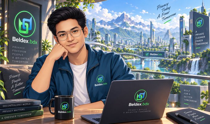 A promotional illustration for 'Beldex.bdx' featuring a young man with glasses at a laptop, surrounded by branding elements and text including 'Privacy Today A Freer Tomorrow'.