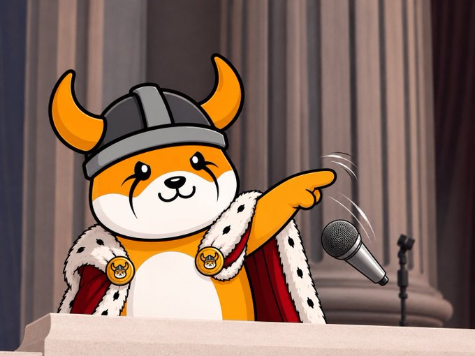 A cartoon illustration of a Shiba Inu dog dressed as a viking with horns and a crown, pointing at a microphone.