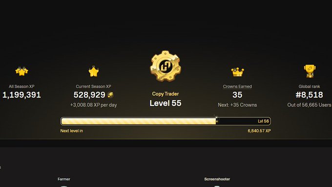 urn of gold coins, a golden crown, and a golden gear are displayed on the screen, with a progress bar indicating a copy trader level 55.