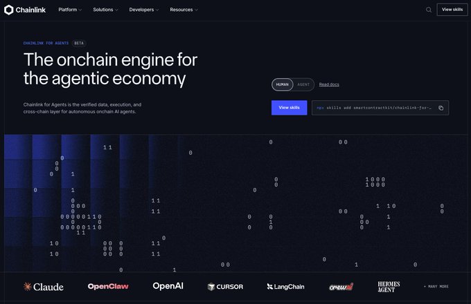A dark-themed webpage for Chainlink titled 'The onchain engine for the agentic economy,' featuring logos for Claude, OpenClaw, OpenAI, Cursor, LangChain, crewAI, and Hermes Agent at the bottom.