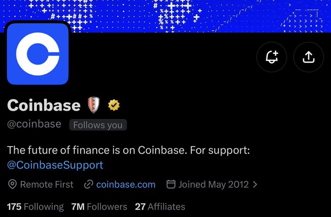 This image shows the official Coinbase Twitter/X profile, featuring its blue logo, the verified badge, and 7M followers, supporting the post's joke about messaging a Coinbase intern about a "Follows you" notification. The "Follows you" label on Coinbase's profile is the punchline, as it's the unusual sight of the major crypto company following back the poster.