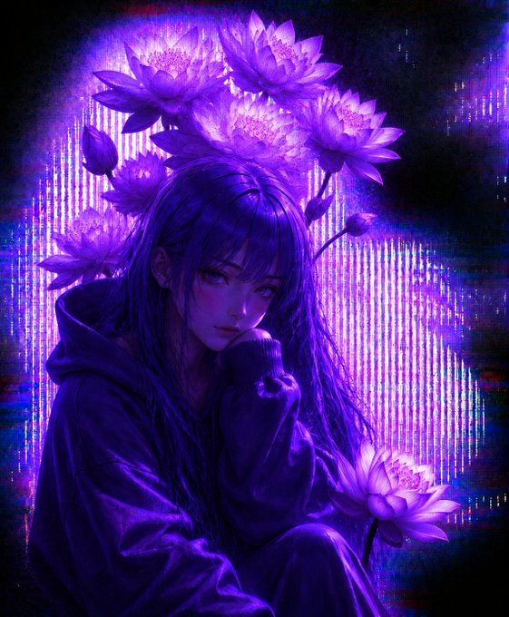 An ethereal purple-toned digital illustration of a girl with long hair surrounded by luminous lotus flowers and vertical light streaks in a dreamy atmosphere.