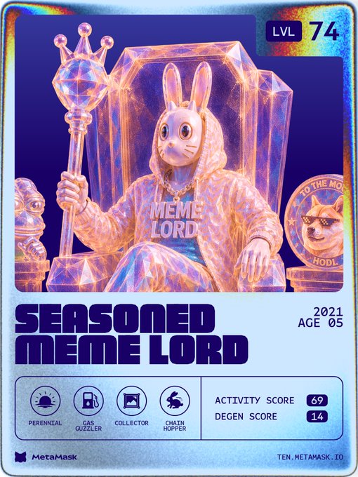 A 'Seasoned Meme Lord' collectible card (LVL 74, AGE 05, 2021) featuring a character in a bunny hoodie sitting on a crystal throne with a scepter and a 'TO THE MOON HODL' Doge coin, branded by MetaMask with stats like Perennial, Gas Guzzler, Collector, Chain Hopper.
