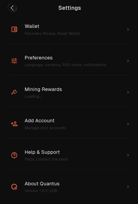 A mobile app settings menu for a cryptocurrency wallet called 'Quantus' (Version 1.5.11), displaying options for Wallet, Preferences, Mining Rewards (Loading), Add Account, Help & Support, and About Quantus.