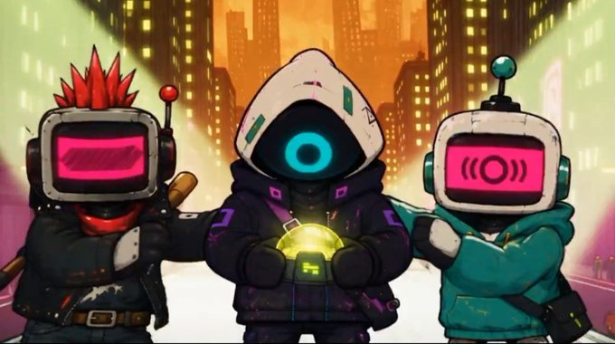 An animated illustration features three robot characters with TV-like heads displaying different emoticons against a stylized neon-lit city background.