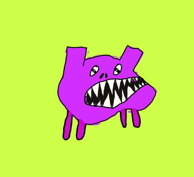 A hand-drawn cartoon of a fierce purple creature with sharp jagged teeth and small legs, set against a bright lime-green background.