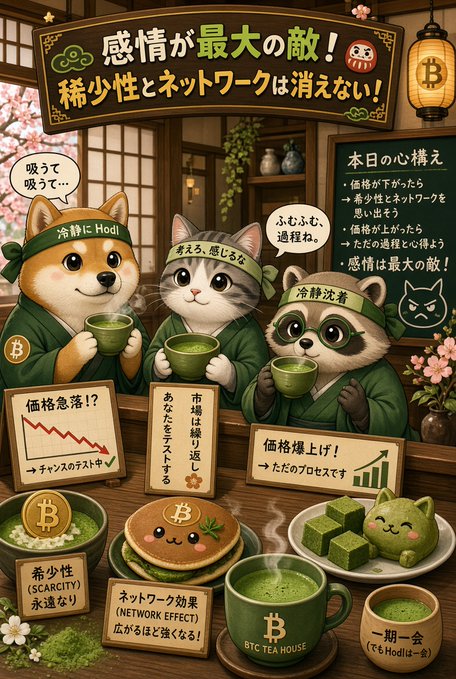 An anime-style illustration of a Shiba Inu, a cat, and a panda wearing headbands drinking matcha tea at "BTC TEA HOUSE," with Japanese text including "感情が最大の敵！稀少性とネットワークは消えない！" (Emotions are your greatest enemy! Scarcity and network won't disappear!).