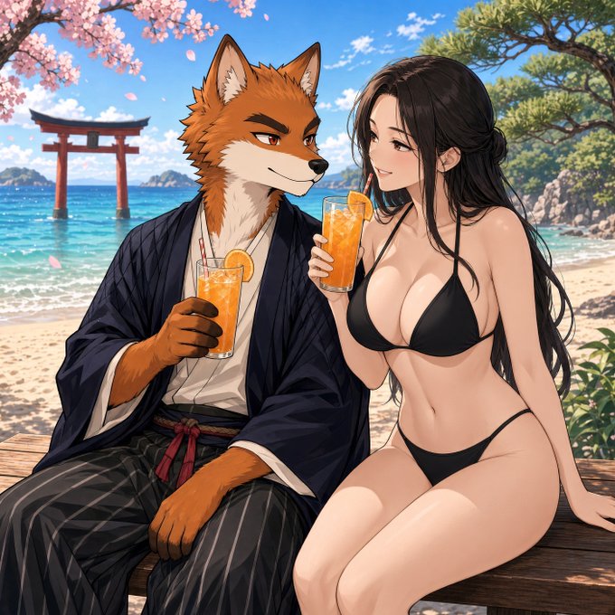 An anime-style illustration showing an anthropomorphic fox in traditional Japanese clothing sitting beside a woman in a black bikini on a beach, both holding orange drinks, with a torii gate and cherry blossoms in the background.