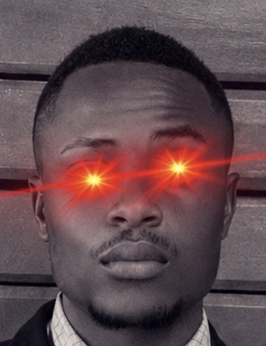A man stares directly at the camera with digitally added red laser beams shooting from his eyes, giving off intense, determined "GM" energy to match the "Happy Taco Tuesday" post.
