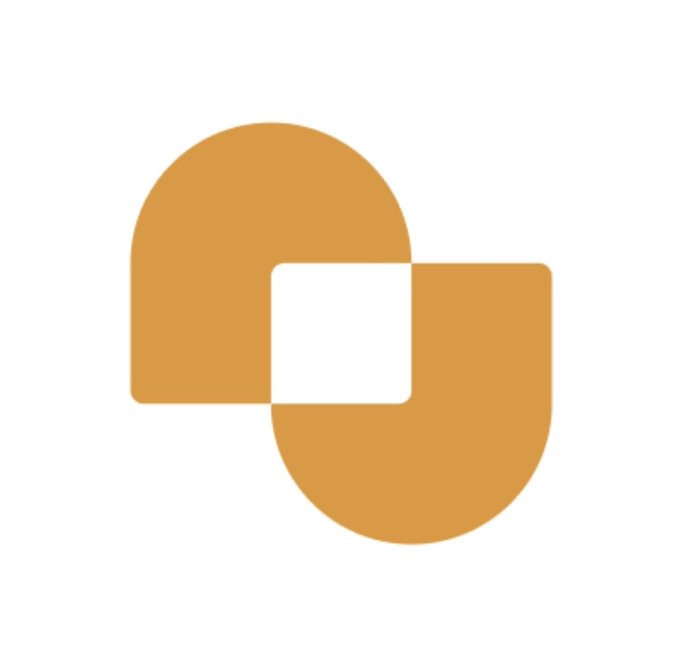 A minimalist logo consisting of two interlocking mustard-yellow curved shapes forming a square-like design with a white square cutout in the center on a white background.