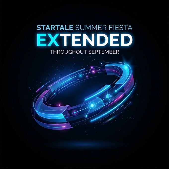 Promotional graphic for 'STARTALE SUMMER FIESTA EXTENDED THROUGHOUT SEPTEMBER' featuring a glowing blue and purple futuristic circular emblem on a dark background.