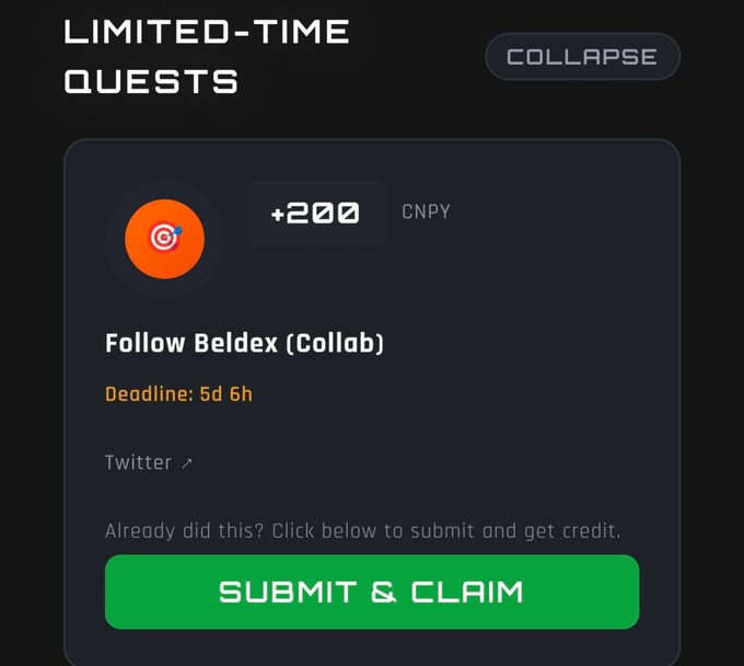 A screenshot of a 'Limited-Time Quests' interface offering a reward of +200 CNPY for following Beldex (Collab) on Twitter, with a deadline of 5 days 6 hours, and a green 'Submit & Claim' button.