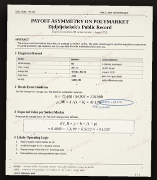An academic case study titled 'PAYOFF ASYMMETRY ON POLYMARKET: Djdjdfjekekek's Public Record' detailing empirical records, break-even conditions, expected value, and arbitrage calculations.