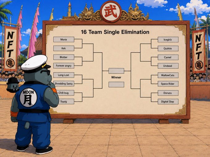 An illustrated tournament bracket titled '16 Team Single Elimination' features 16 animal-named teams (e.g., 'Morie', 'Kek', 'Forever angry') on a wooden board, observed by a panda character in a blue jacket.
