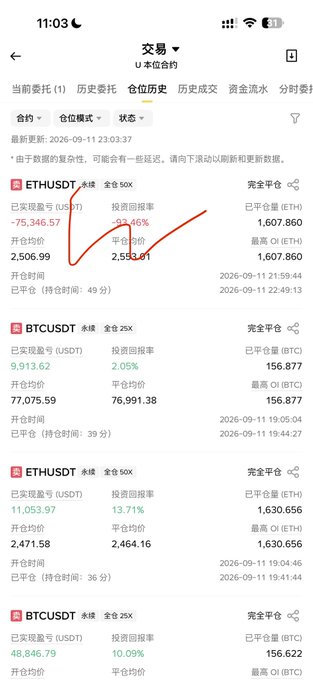 A screenshot of a Chinese cryptocurrency trading app (OKX) showing completed positions, including ETHUSDT perpetual with an 82.46% return highlighted in red, and BTCUSDT and ETHUSDT pairs showing profits in green.