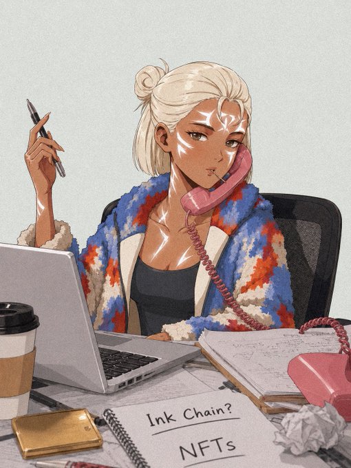 An anime-style illustration shows a white-haired character in a colorful fluffy jacket holding a pink telephone receiver to their ear, sitting at a desk with a notebook labeled 'Ink Chain? NFTs'.