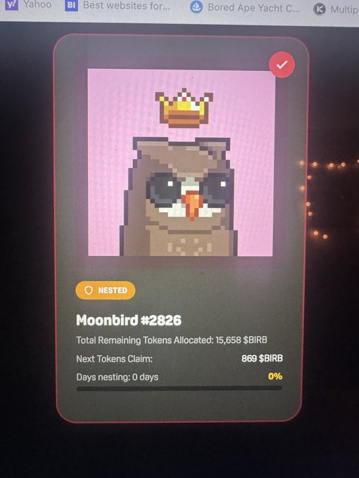 A screenshot of a digital NFT collection interface displays a pixelated owl with a crown on a pink background, identified as 'Moonbird #2826'. The card shows 'NESTED' status, 'Total Remaining Tokens Allocated: 15,658 $BIRB', and 'Days nesting: 0 days'.