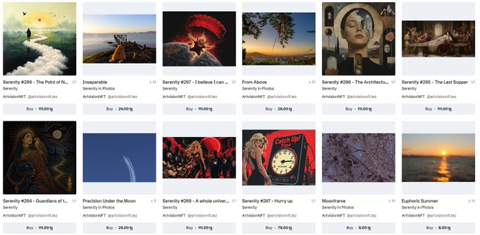 A web page displays a gallery of NFT artwork for sale, featuring pieces like 'Serenity #299 - The Point of N...', 'Inseparable', 'Serenity #297 - I believe I can', and 'From Above' with prices and seller handles 'ArtIslandNFT' visible.
