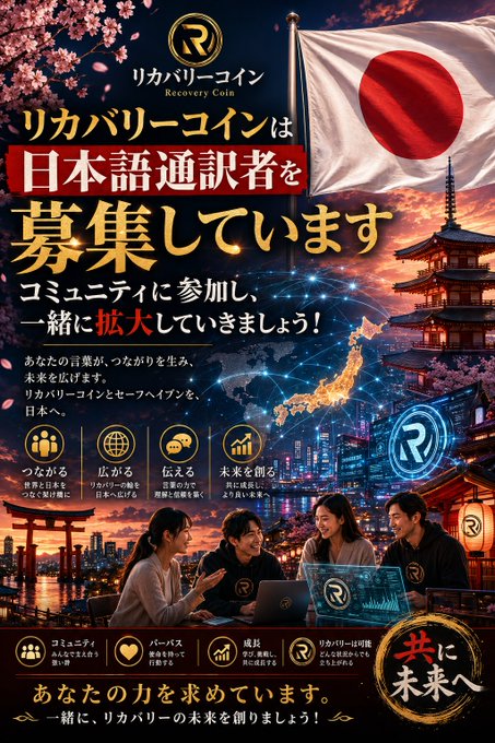 The image features a poster for a Japanese recovery coin called "RCVRY" with an illustration of a temple at sunset, surrounded by people using laptops. The text on the poster indicates that this recovery coin can be used as a reward for those who recover from addiction or other challenges in life.