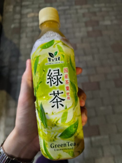 A hand holding a chilled plastic bottle of unsweetened green tea featuring Japanese characters and the brand name 'Chaton' (Chaiia).