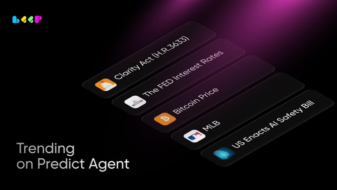 The image showcases a "Trending on Predict Agent" section featuring five trending topics: the Clarity Act (H.R.3633), The FED Interest Rates, Bitcoin Price, MLB, and the US Enacts AI Safety Bill, displayed against a dark pink and black gradient background.

The image relates to the post by illustrating the real-time market topics (like the Clarity Act and FED Interest Rates) that AI agents like "Predict Agent" continuously monitor and calibrate, aligning with the message's emphasis on AI's role in rapid, ongoing market analysis.