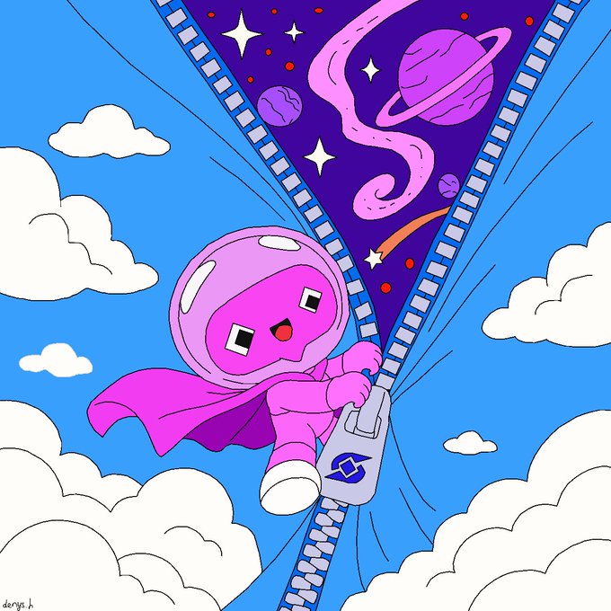 A colorful illustration of a pink astronaut-like character riding a zipper through clouds into a purple space scene with planets and stars, signed 'deryn.h'.
