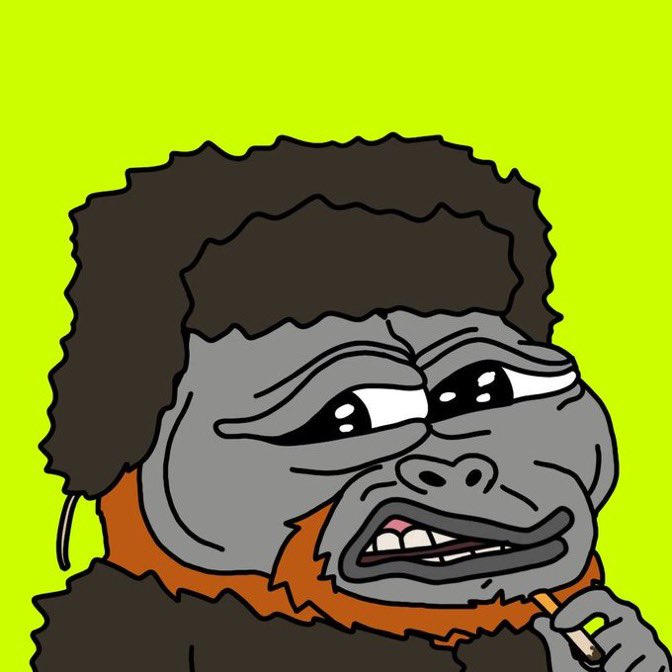 A cartoon-style illustration of a grey gorilla with an afro and orange beard smoking a cigarette against a bright green background.