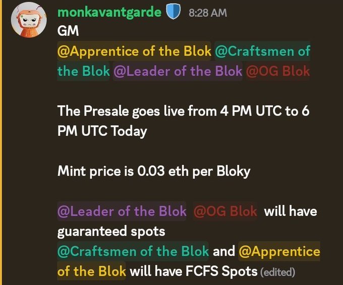 A Discord message from "monkavantgarde" announces a Blokyz presale running from 4 PM to 6 PM UTC with a mint price of 0.03 ETH per BloKy, offering guaranteed spots for Leader of the Blok and OG Blok roles while Craftmen and Apprentice of the Blok get FCFS spots—aligning with the post's excitement about the OriginalBlokyz presale launch at 4 PM UTC.
