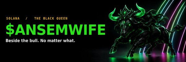 A dark, stylized green and black bull with glowing accents is shown alongside text reading "SOLANA / THE BLACK QUEEN," "$ANSEMWIFE," and "Beside the bull. No matter what." The bold, aggressive imagery of the bull and the empowering tagline reinforce the branding of the new Solana meme coin, emphasizing its bold entrance and unique identity in the crypto space.