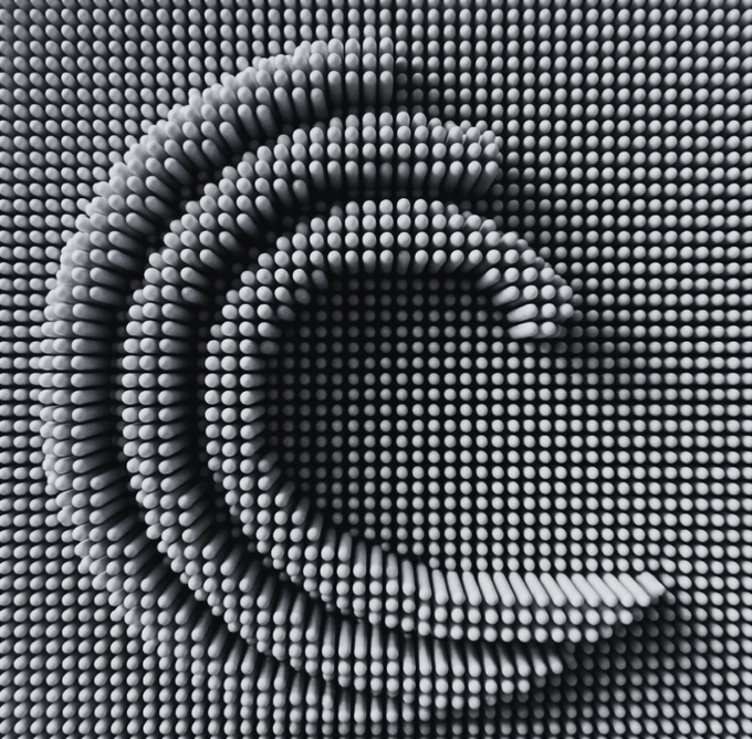 A 3D render of a swirling spiral made of cylindrical pegs against a background of identical pegs in grayscale.