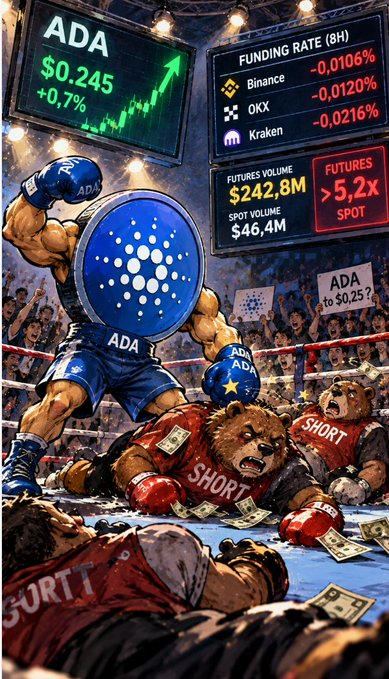 An illustration showing a muscular ADA (Cardano cryptocurrency) boxer defeating bears labeled 'SHORT' in a boxing ring, with crypto stats displayed including ADA at $0.245 (+0.7%).