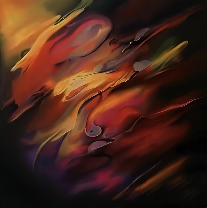 A swirling abstract composition of warm reds, oranges, and yellows against deep shadows evokes a sense of fiery transformation and emerging light, visually echoing the artwork's theme of "Unexpected Hope" as luminous forms push through darkness. No text or numbers appear in the image itself.