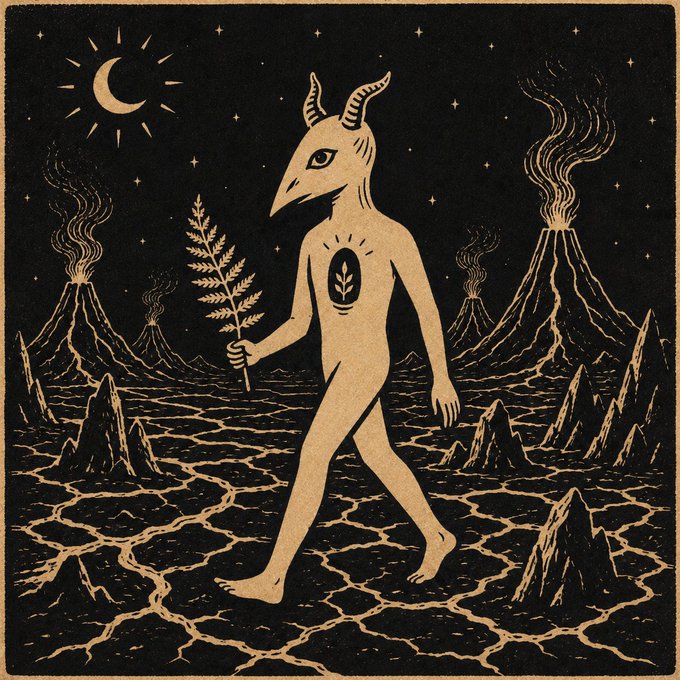 A sepia-toned illustration on black depicting a horned humanoid figure holding a leafy branch, walking across a cracked landscape with smoking volcanoes under a crescent moon and stars.
