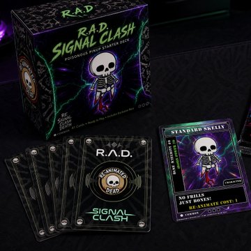 A product shot of 'R.A.D. SIGNAL CLASH' poisonous space pirate dice cards, featuring a skeleton character and a box of cards on a dark background.