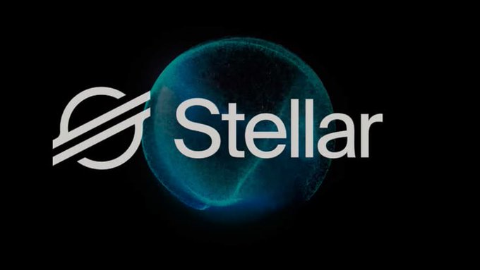 The image features the Stellar logo, with its distinctive circular emblem and the word "Stellar" displayed in white text over a glowing blue sphere against a black background, representing the blockchain network mentioned in the post about $XLM and its real-world asset tokenization capabilities.