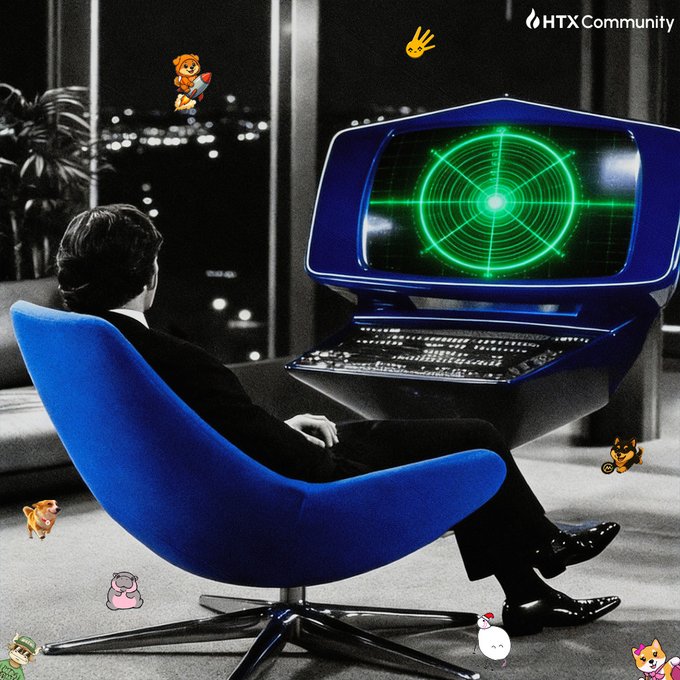 An illustration of a person sitting in a blue chair, watching something through a large screen TV mounted above him. In front of the television, there are various cartoon characters including a cat, dog, mouse, and bird. The text on the image reads "GM! The #HTX squad is monitoring the charts from the best seat in the house." The person sitting on the chair is wearing a suit with black shoes and a tie.