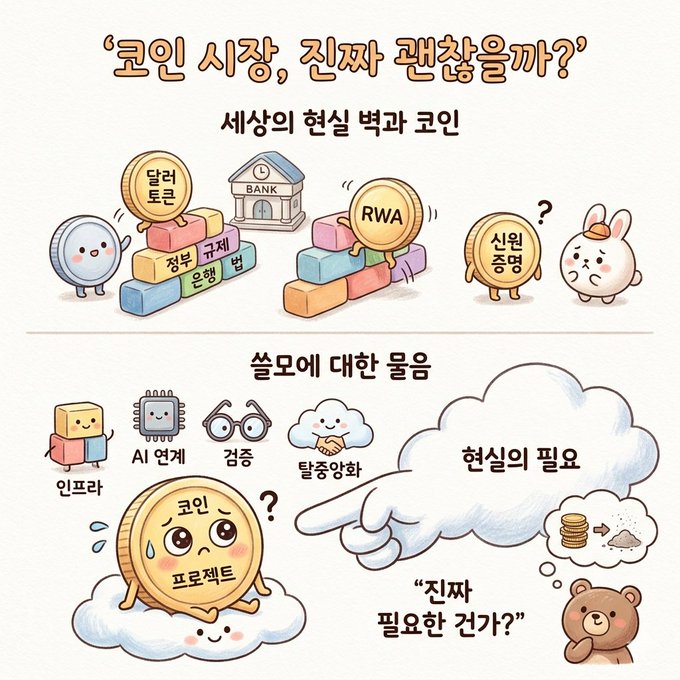 A Korean infographic titled "코인 시장, 진짜 괜찮을까?" (Is the coin market really okay?) featuring cartoon coin and bunny mascots, depicting top section "세상의 현실 벽과 코인" showing coins hitting walls labeled "달리 토큰" (Dalri Token), "BANK," "RWA," and "신원증명," and bottom section "슬모에 대한 물음" (Questions about the decline) with icons for "인프라," "AI 업계," "경증," "탈중앙화," a worried "코인 프로젝트" coin asking about "현실의 필요" (real-world necessity), and a bear pondering "진짜 필요한 건가?" (Is it really needed?). The illustration visually represents the post's argument about the contradiction between RWA/real-world coin market promises and their dependence on traditional regulatory approval.