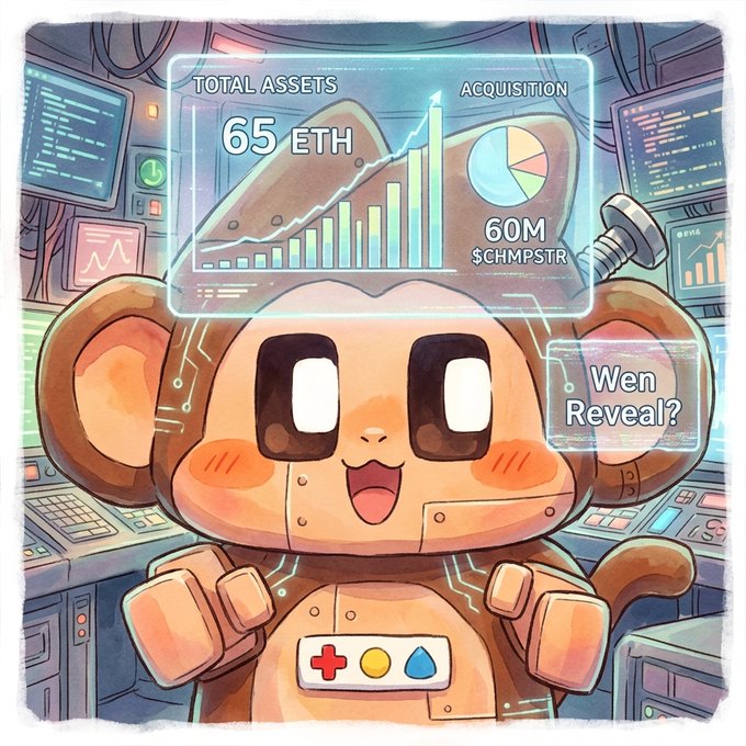 A cartoon illustration shows a tan, blocky monkey-like character in a control room with holographic displays reading 'TOTAL ASSETS 65 ETH' and 'ACQUISITION 60M $CHMPSTR', along with a speech bubble asking 'Wen Reveal?'.
