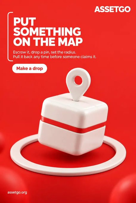 A red advertisement for ASSETGO with the text 'PUT SOMETHING ON THE MAP' and 'Make a drop' button, featuring a 3D white pin/marker icon.