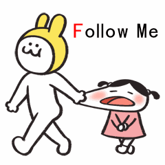 A cartoon sticker showing a yellow rabbit-like character pulling a crying girl, with the text 'Follow Me' in red.