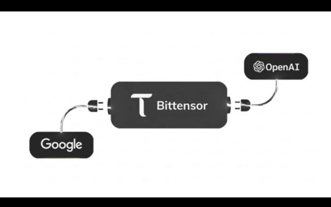 The image features a black and white diagram that illustrates two different types of AI models - Google's AI model and OpenAI's AI model. The Google AI model is represented by a black rectangle with "T" written above it, while the OpenAI AI model is depicted as a smaller black rectangle below it. Both AI models are connected to each other through a series of black lines, symbolizing their interdependence or relationship. The image also includes text that reads: "$TAO just changed the game. A 72B parameter AI model was trained across 70 independent nodes instead of a giant data center This shows decentralized AI is no longer just an idea".