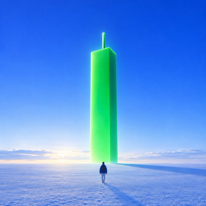 A lone figure stands on a vast snowy plain, gazing up at a towering, glowing green monolithic structure that stretches into a clear blue sky. The surreal, larger-than-life sculpture amplifies the post's message of determination and reward, symbolizing the journey toward monumental success ("GM").