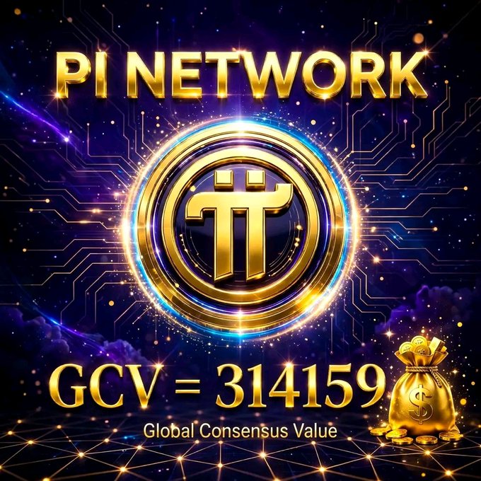 A promotional graphic for Pi Network featuring a glowing gold Pi coin emblem against a futuristic circuit-board background, with the text “PI NETWORK,” “GCV = 314159,” and “Global Consensus Value.” A money bag and coins reinforce the post’s message about faith, patience, continued mining, and belief in Pi Network’s future.