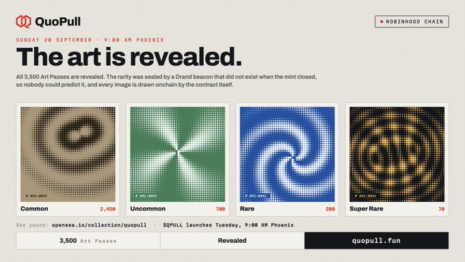 The image is a promotional graphic for QuoPull, displaying "The art is revealed" with details of 3,500 Art Passes minted on the Robinhood Chain, categorized as Common (2,450), Uncommon (700), Rare (280), and Super Rare (70) with sample artwork for each tier.

The post instruction to "Refresh Metadata" likely relates to updating or reloading the on-chain NFT collection data for the QuoPull Art Passes shown in the image.